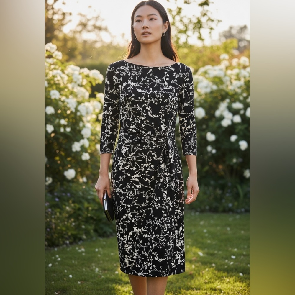 Lauren Ralph Lauren Black & White Wedding Ruched Side Cowl Neck Midi Dress